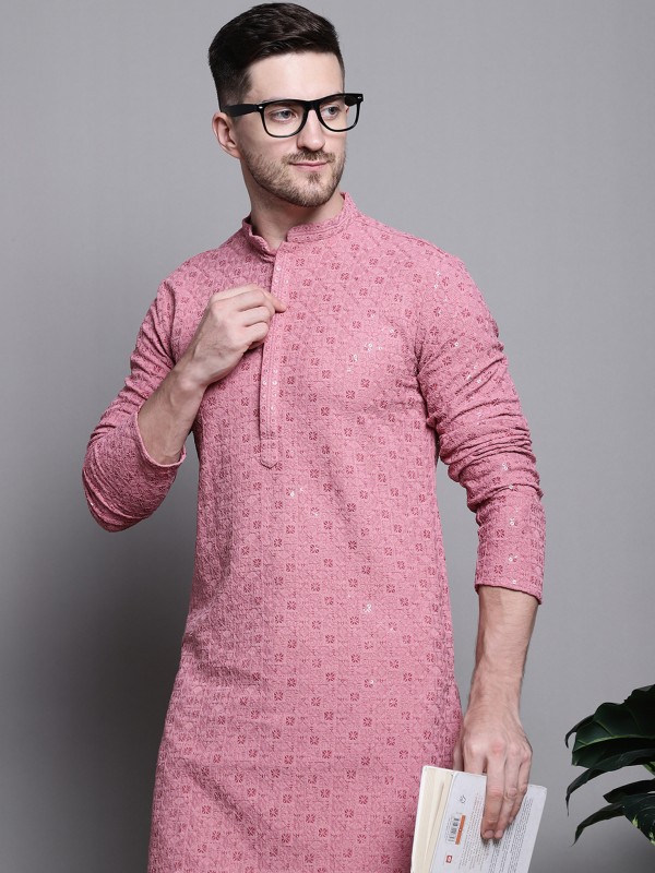 Men Embroidered Pure Cotton Straight Kurta  (Pink)