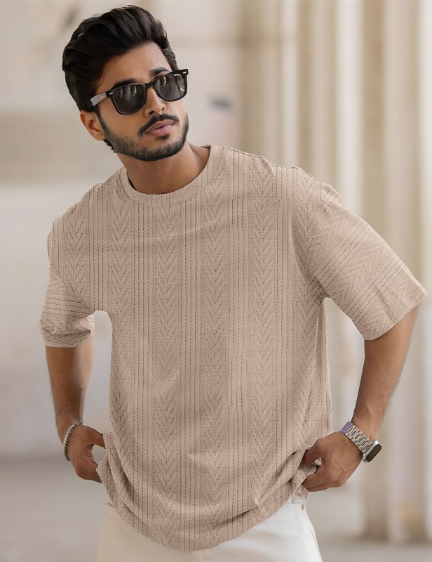 Men Self Design Round Neck Polyester Beige T-Shirt